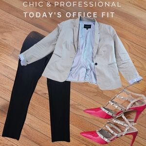Stylish Beige Blazer and Black Pants Paired with Red & Tan Stud Pumps!